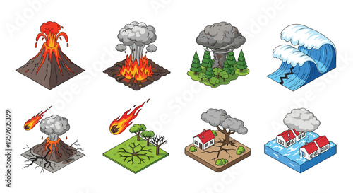 Set of isometric illustrations depicting various natural disasters such as volcano eruptions, tsunamis, earthquakes, and meteor strikes.