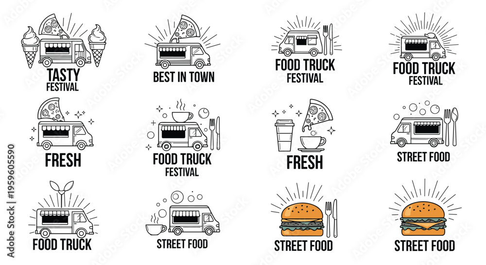 Fototapeta premium Set of black and white line art logos and emblems for food trucks featuring pizza, ice cream, coffee, and burger street food themes.
