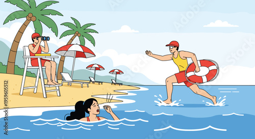 Action scene at a beach where one lifeguard watches from a high chair while another runs into the water with a lifebuoy to rescue a swimmer.