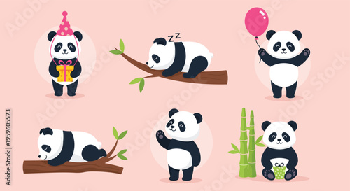 Set of adorable panda characters sleeping on branches, holding gifts and balloons, and eating bamboo in a sweet pink background.