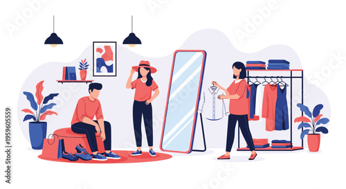 Couple browsing and trying on clothes in a stylish modern boutique with clothing racks, mirrors, and fitting areas for fashion retail.