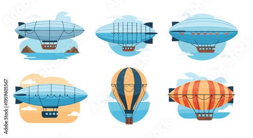 Collection of dirigibles, blimps, and a hot air balloon floating in the sky above scenic landscapes of mountains and oceans.