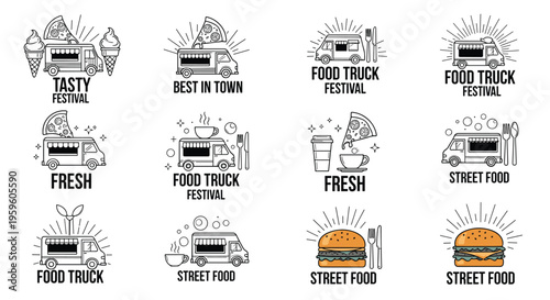 Set of black and white line art logos and emblems for food trucks featuring pizza, ice cream, coffee, and burger street food themes.