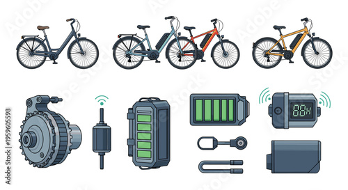 Selection of various electric bicycle models shown alongside their internal components such as motor, battery, and digital display unit.