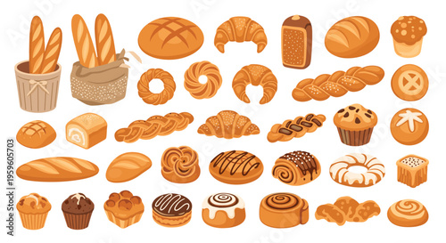 Large set of various freshly baked goods including breads, baguettes, croissants, muffins, and pastries for a bakery or cafe theme.
