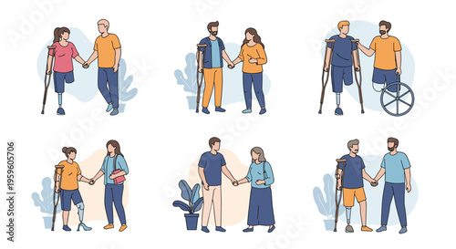 Set of illustrations showing people with various physical disabilities supporting and helping each other in a friendly and inclusive environment.