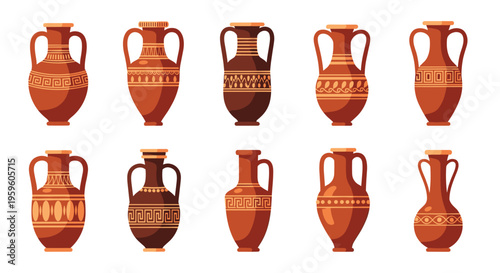 Set of various ancient greek or roman clay amphorae and vases decorated with traditional geometric and floral patterns for history.
