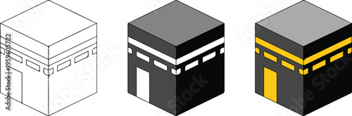Professional Kaaba icon set featuring the holy Islamic pilgrimage site in Mecca in minimalist line art and flat styles.