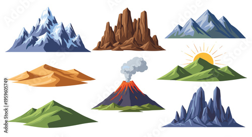 Diverse collection of mountain landscapes including snowy peaks rocky cliffs green hills desert dunes and an active erupting volcano in flat style.