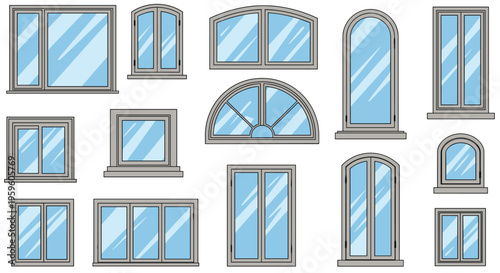 Assorted window styles and shapes featuring arched rectangular double-paned and casement frames in a modern flat vector illustration for architecture.