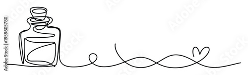 Elegant one line drawing of a charming potion bottle with a cork stopper connecting to a delicate heart symbol, perfect for cosmetic product packaging, romantic greeting cards, or special