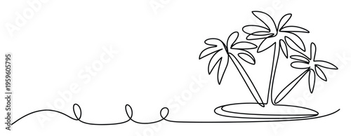 Continuous line drawing of tropical palm trees on a desert island, perfect for holiday promotions, summer travel advertisements, or vacation booking agency branding materials.