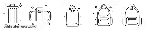 Outline collection of luggage and personal bags, including suitcase, duffel, and backpacks, ideal for illustrating travel essentials, packing guides, or vacation planning services