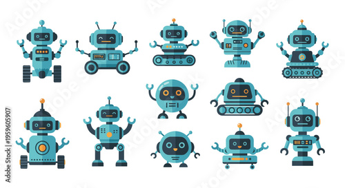 Set of cute blue robot characters with diverse designs featuring wheels tracks antennas and expressive digital faces in a friendly flat style.