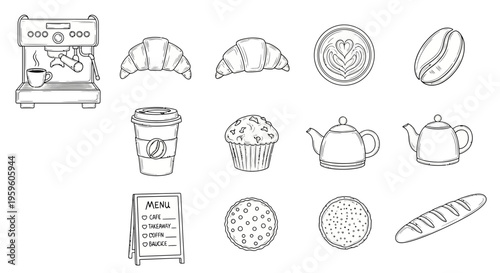 Bakery food and drink icons set.