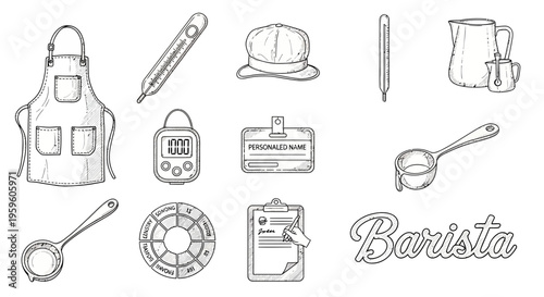 Barista coffee shop icons and tools.