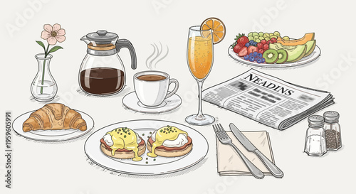 Breakfast table with food and drink.