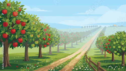 Orchard Harvest Season - Ripe Apples, Farming Landscape, Agricultural Production