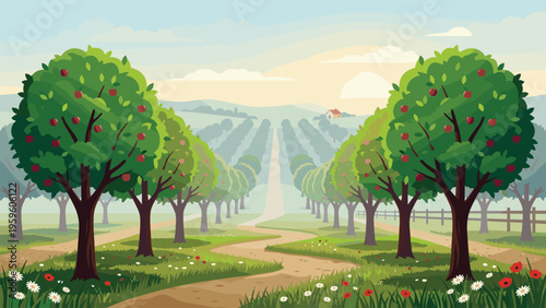 Orchard Landscape Vector Illustration for Agriculture & Food Industry Marketing