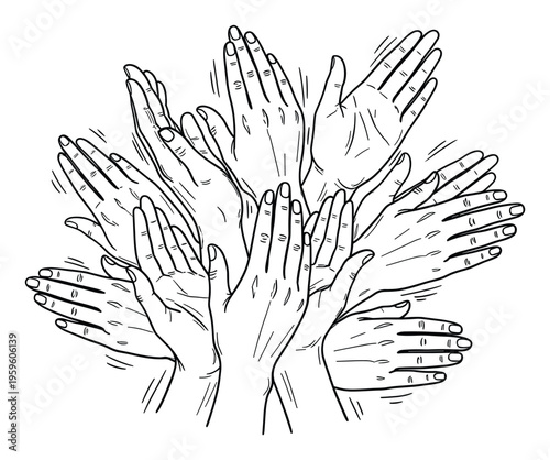 Many hands shown in a lively clapping motion, representing enthusiastic applause, unity, and communal spirit, perfect for engaging content in promotions, events, and motivational themes.