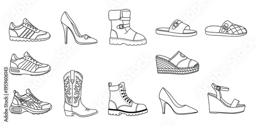 Collection of outlined footwear including sneakers, high heels, boots, sandals, and slippers, ideal for apparel guides, shopping catalogs, or educational materials about different shoe types