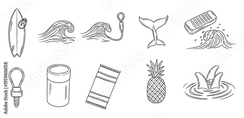 Collection of hand drawn surfing and beach related icons including surfboard waves whale tail pineapple and shark fins perfect for summer vacation graphics and apparel designs