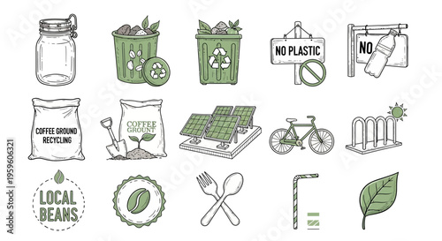 Eco friendly living sustainable icons set.