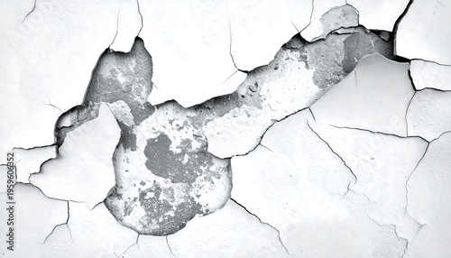 Close-up of cracked white paint on a textured surface.
