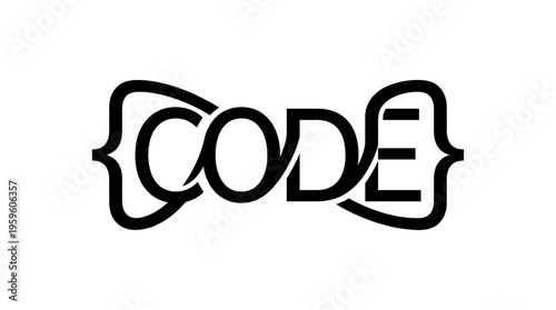 Minimalist black vector art of the word "CODE" formed by brackets
