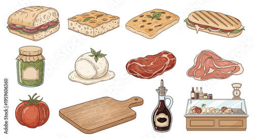 Food ingredients and kitchen tools illustration.