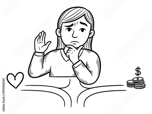 A pensive person faces a difficult decision, choosing between a path of love symbolized by a heart or a path of financial wealth represented by money, illustrating life choices and dilemmas.