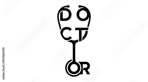 Black vector calligram of "DOCTOR" shaped like a stethoscope