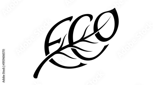 Minimalist black vector calligram of "ECO" forming a leaf shape