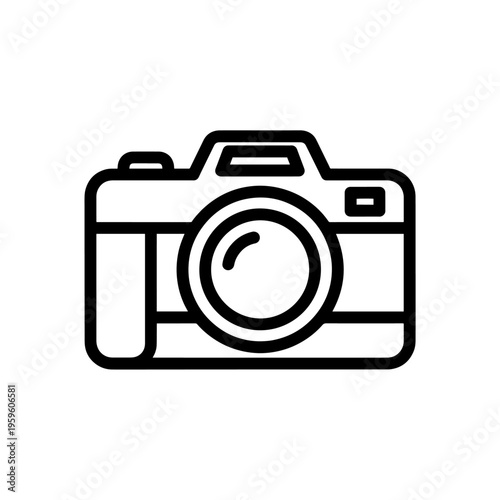 Simple line art icon of a camera, representing photography and capturing moments with a minimalist design