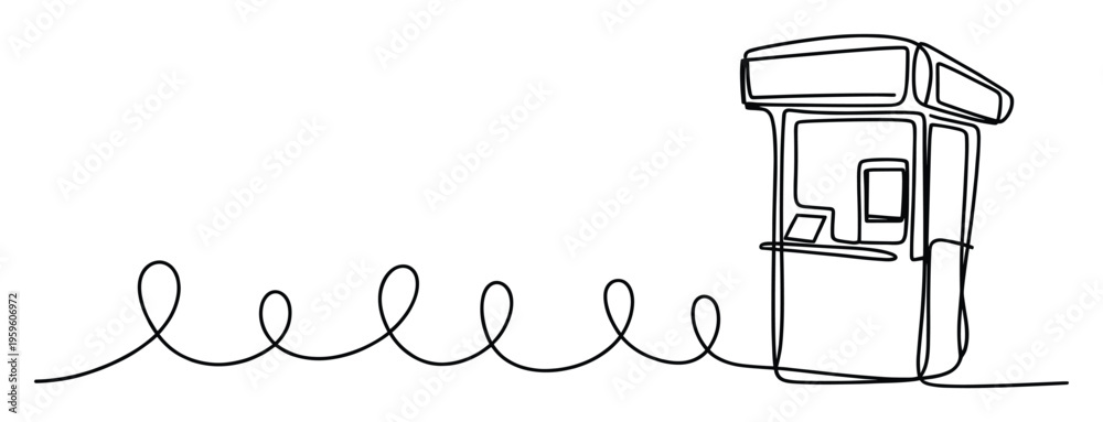 Fototapeta premium A minimalist continuous line drawing depicting a modern kiosk or ticket booth evolving from a wavy abstract path, perfect for creative branding or architectural concepts.