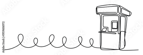A minimalist continuous line drawing depicting a modern kiosk or ticket booth evolving from a wavy abstract path, perfect for creative branding or architectural concepts.