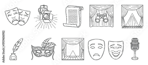Theater and drama line icons featuring masks, stage, script, spotlight, binoculars, quill, and microphone, suitable for entertainment branding and graphic projects.