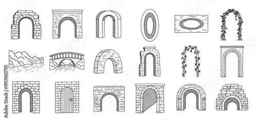 A collection of various handdrawn architectural archway elements including stone arches, brick gates, and bridge designs for historical, building, or decorative projects