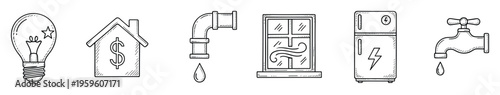 Collection of hand drawn household utility and expense icons including lightbulb, house with dollar sign, dripping pipes, windy window, refrigerator, and water faucet for property