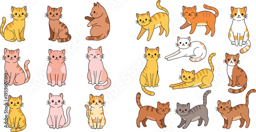 Set of cute hand drawn cats in various poses flat vector illustration collection of different breeds playful kittens cartoon style isolated on background