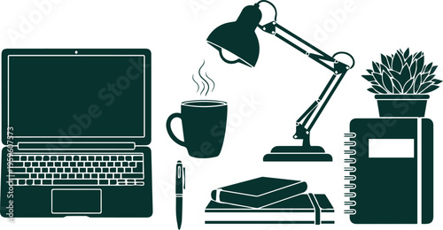 Minimalist workspace vector silhouettes, home office desk with laptop and lamp, dark green stationery and coffee cup icons for remote work
