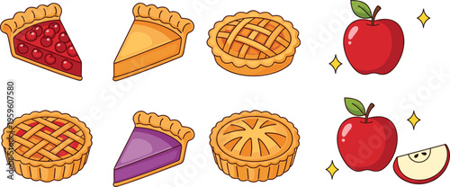 Apple pie desserts and fresh apples collection vector illustration sweet bakery slices tart pastry set delicious food icons isolated on white background