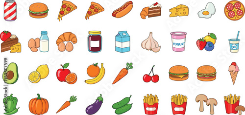 Food icons collection vector illustration fast food fruits vegetables dairy bakery snacks set colorful cartoon style isolated on white background