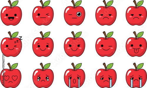 Cute apple emoji faces collection cartoon fruit characters with different emotions expressions kawaii style vector illustration set isolated on white background