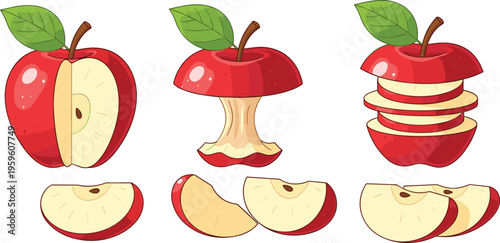 Red apple slices and core collection vector illustration fresh fruit set whole cut pieces healthy organic food elements isolated on white background
