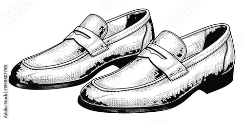 Classic pair of mens leather penny loafers depicted in a traditional handdrawn sketch style, ideal for fashion publications, apparel catalogs, or stylistic graphic design projects featuring