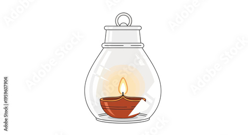Glass lantern, clay diya lamp, lit candle inside, transparent vessel, warm glow