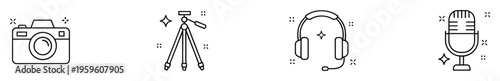 Professional photography and audio recording equipment line icons featuring camera, tripod, headphones, and microphone, perfect for digital content creation and media production resources.