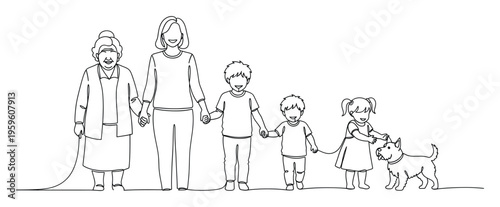 Continuous line drawing of a happy multi generational family including grandmother, mother, boys, girl, and pet dog walking together holding hands representing family bonds and togetherness