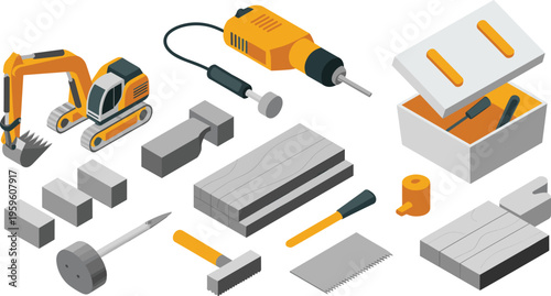 Isometric construction tools and equipment set with excavator drill woodworking materials toolbox industrial building instruments vector illustration collection